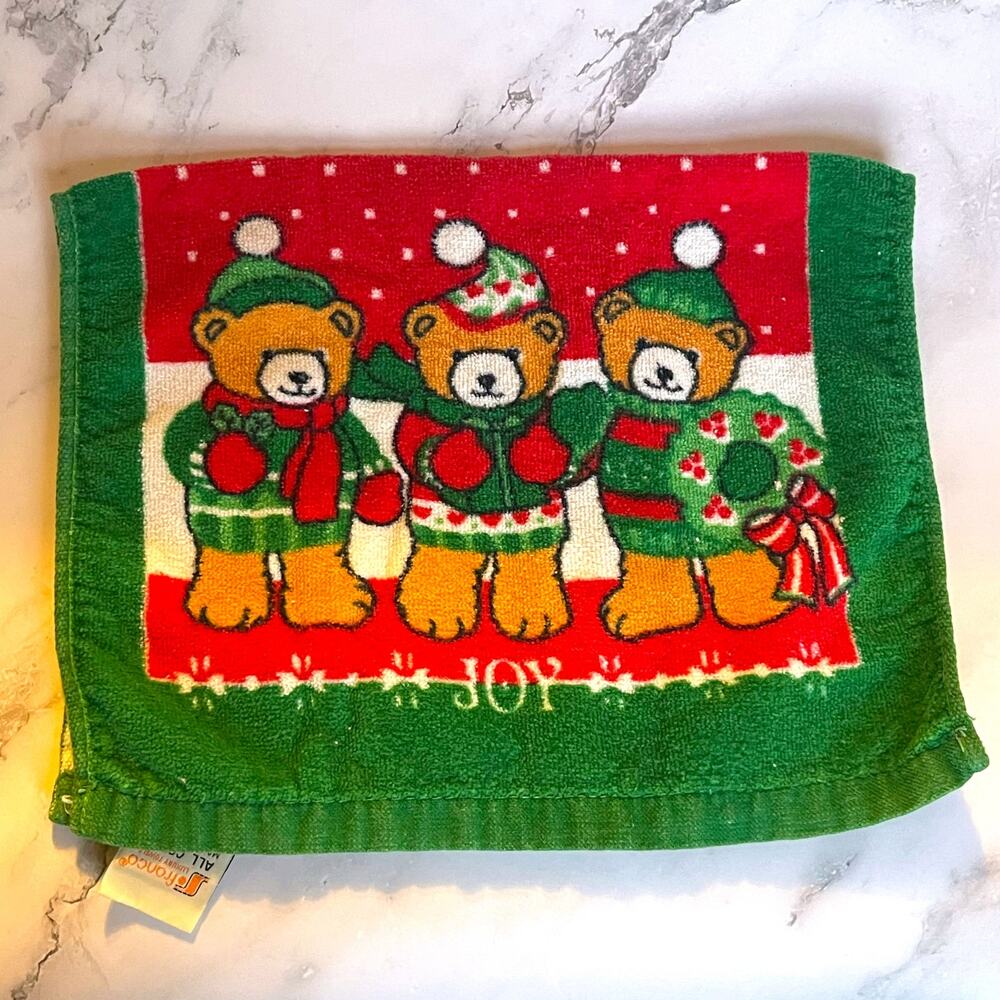 Vintage Christmas Teddy Bear Hand Towel Franco Cotton Holiday Kitchen Bath 17"
